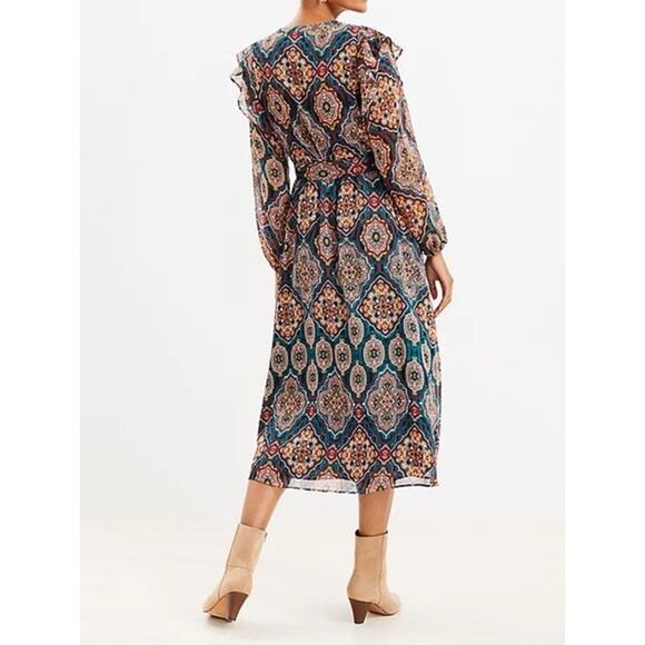 Loft Dress Women's Small Petite Tapestry Ruffle V Neck Midi Bohemian - Picture 3 of 11